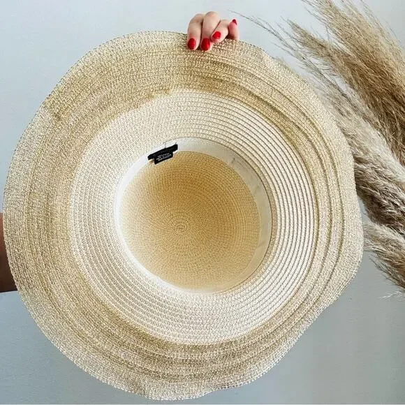 VINTAGE NORDSTROM Cream Tan Straw Wide Brim Floppy Gold Metallic Ribbon Sun Hat - Picture 6 of 10